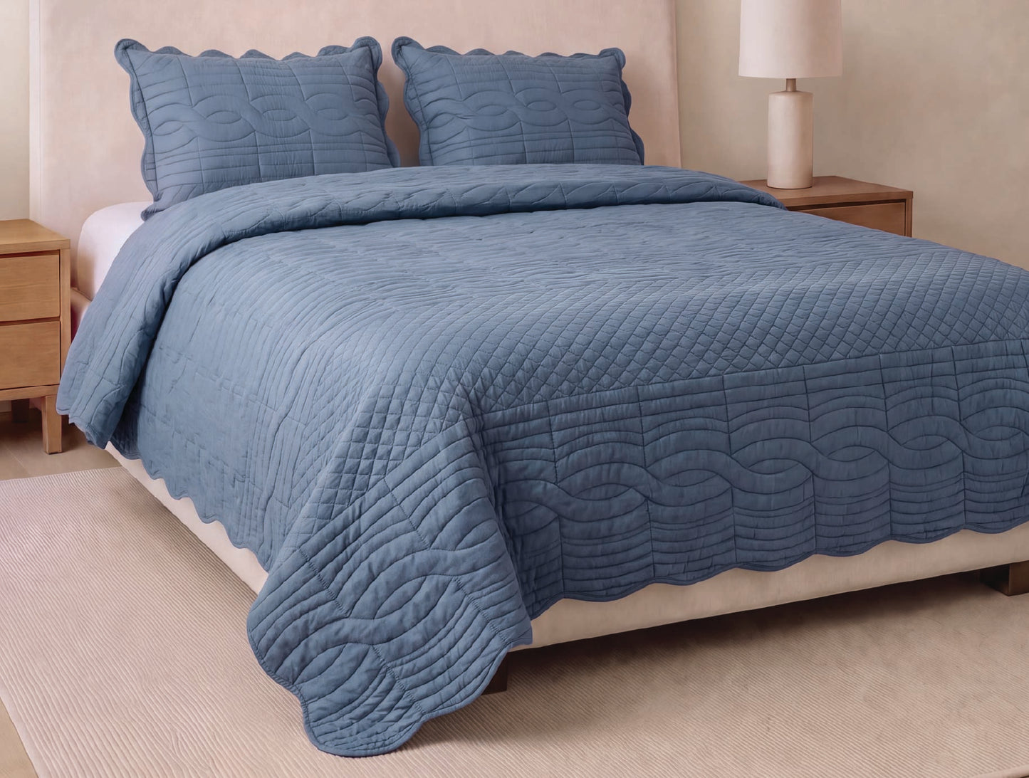 Spaces Scallop Blue Solid 100% Cotton Double Coverlet with 2 Pillow Covers - 87 x 106 Inches