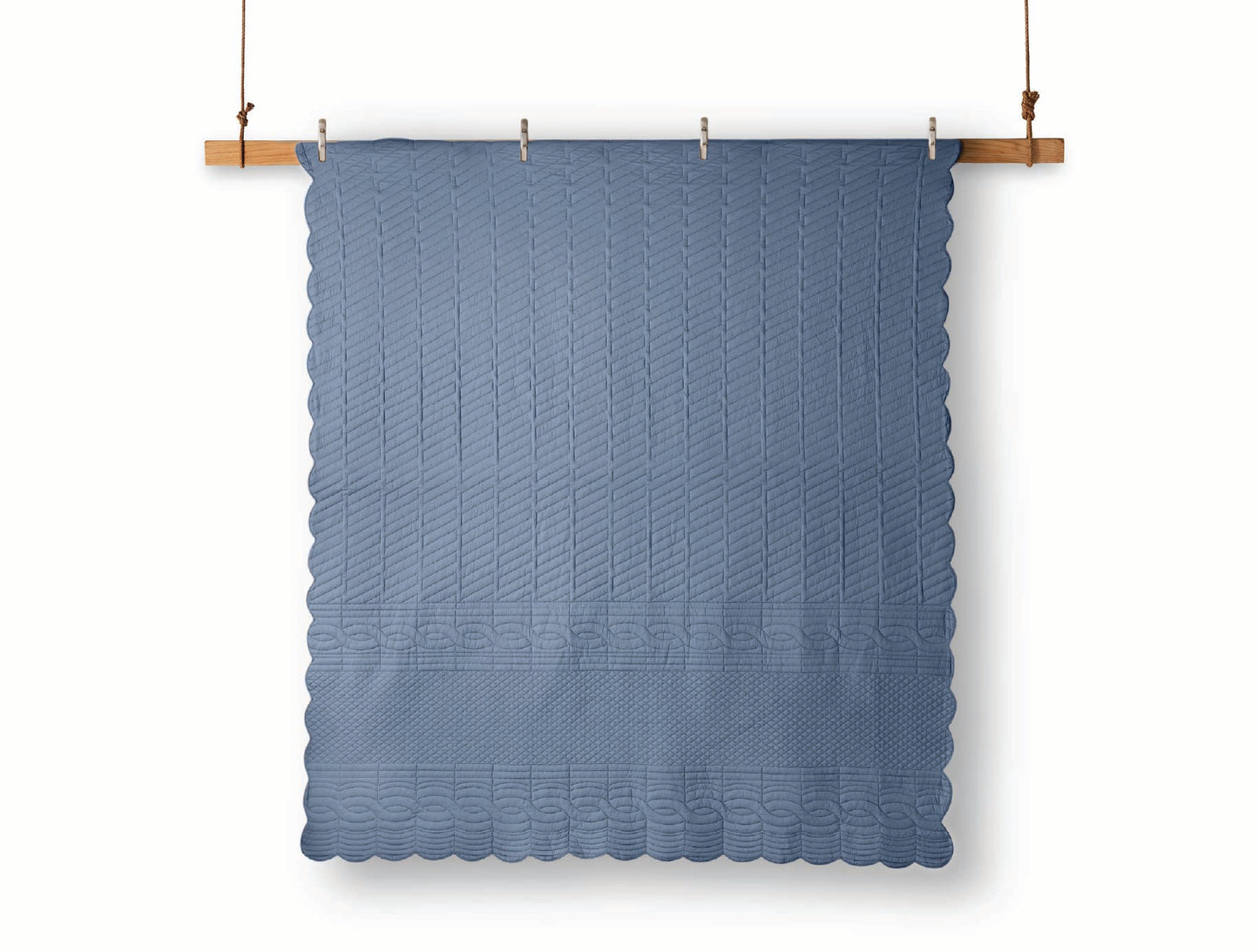 Spaces Scallop Blue Solid 100% Cotton Double Coverlet with 2 Pillow Covers - 87 x 106 Inches