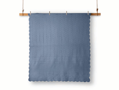 Spaces Scallop Blue Solid 100% Cotton Double Coverlet with 2 Pillow Covers - 87 x 106 Inches