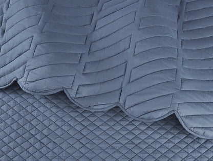 Spaces Scallop Blue Solid 100% Cotton Double Coverlet with 2 Pillow Covers - 87 x 106 Inches