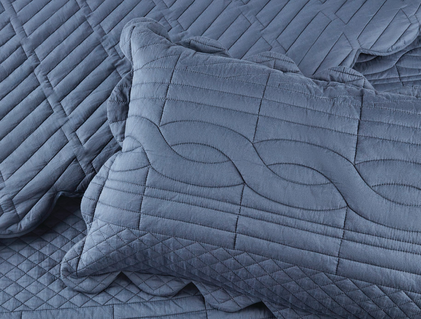 Spaces Scallop Blue Solid 100% Cotton Double Coverlet with 2 Pillow Covers - 87 x 106 Inches