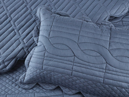 Spaces Scallop Blue Solid 100% Cotton Double Coverlet with 2 Pillow Covers - 87 x 106 Inches