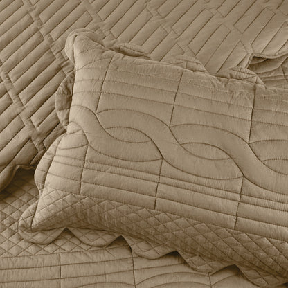 Spaces Scallop Brown Solid 100% Cotton Double Coverlet with 2 Pillow Covers - 87 x 106 Inches