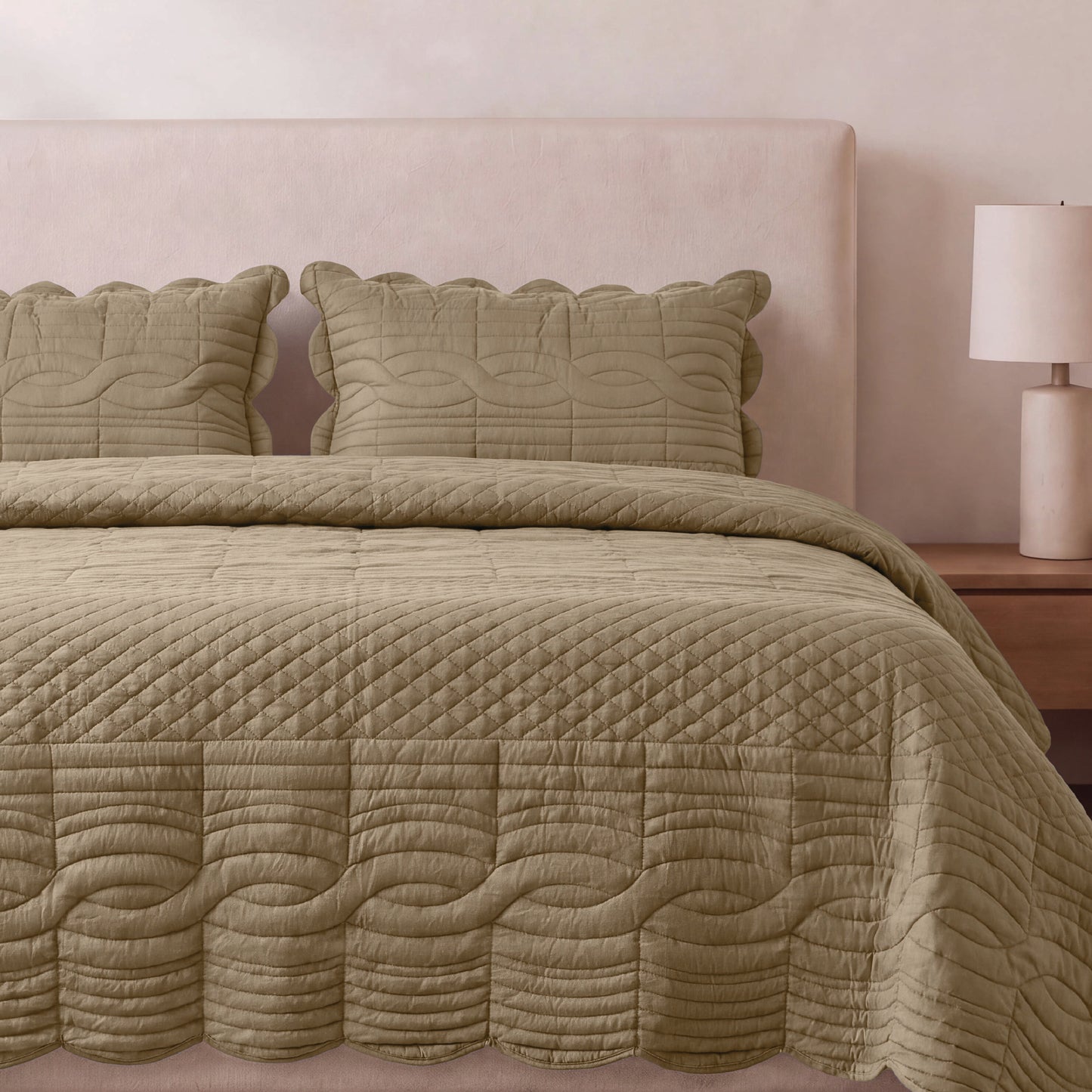Spaces Scallop Brown Solid 100% Cotton Double Coverlet with 2 Pillow Covers - 87 x 106 Inches