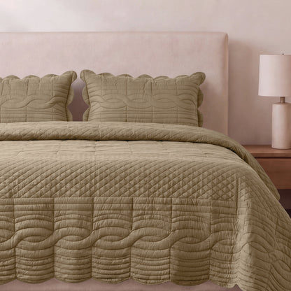 Spaces Scallop Brown Solid 100% Cotton Double Coverlet with 2 Pillow Covers - 87 x 106 Inches