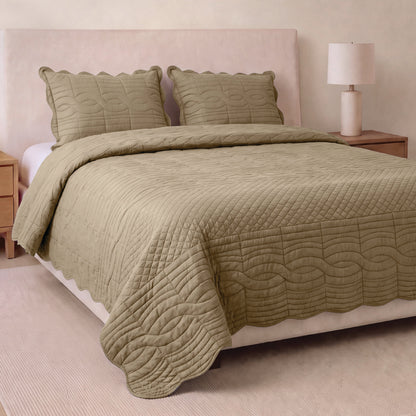 Spaces Scallop Brown Solid 100% Cotton Double Coverlet with 2 Pillow Covers - 87 x 106 Inches