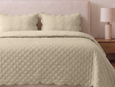Spaces Scallop Beige Solid 100% Cotton Double Coverlet with 2 Pillow Covers - 87 x 106 Inches