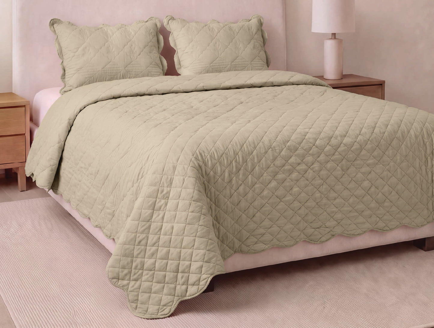 Spaces Scallop Beige Solid 100% Cotton Double Coverlet with 2 Pillow Covers - 87 x 106 Inches