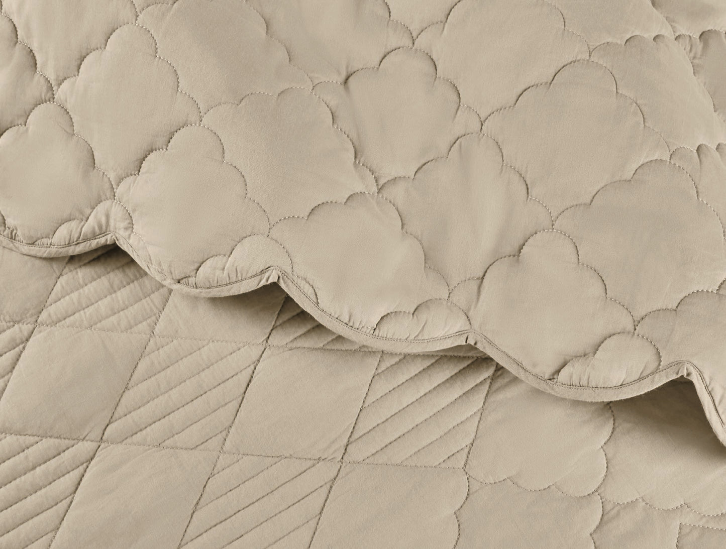 Spaces Scallop Beige Solid 100% Cotton Double Coverlet with 2 Pillow Covers - 87 x 106 Inches