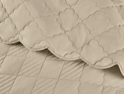 Spaces Scallop Beige Solid 100% Cotton Double Coverlet with 2 Pillow Covers - 87 x 106 Inches