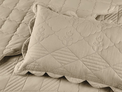 Spaces Scallop Beige Solid 100% Cotton Double Coverlet with 2 Pillow Covers - 87 x 106 Inches