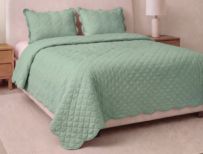 Spaces Scallop Green Solid 100% Cotton Double Coverlet with 2 Pillow Covers - 87 x 106 Inches