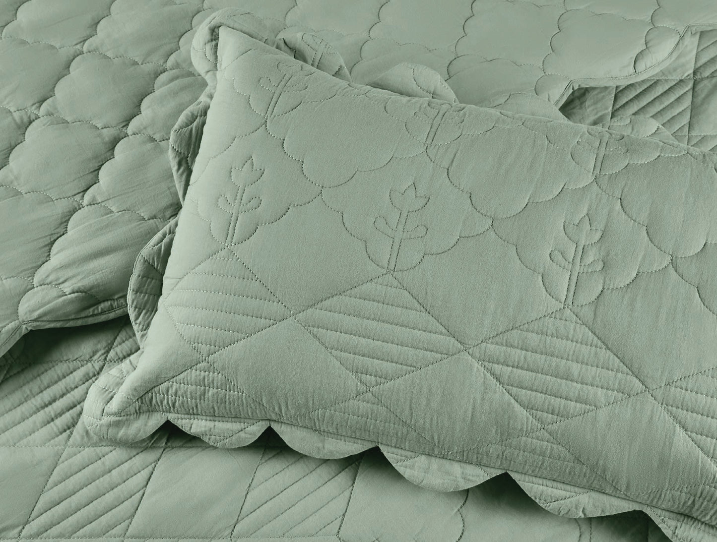 Spaces Scallop Green Solid 100% Cotton Double Coverlet with 2 Pillow Covers - 87 x 106 Inches