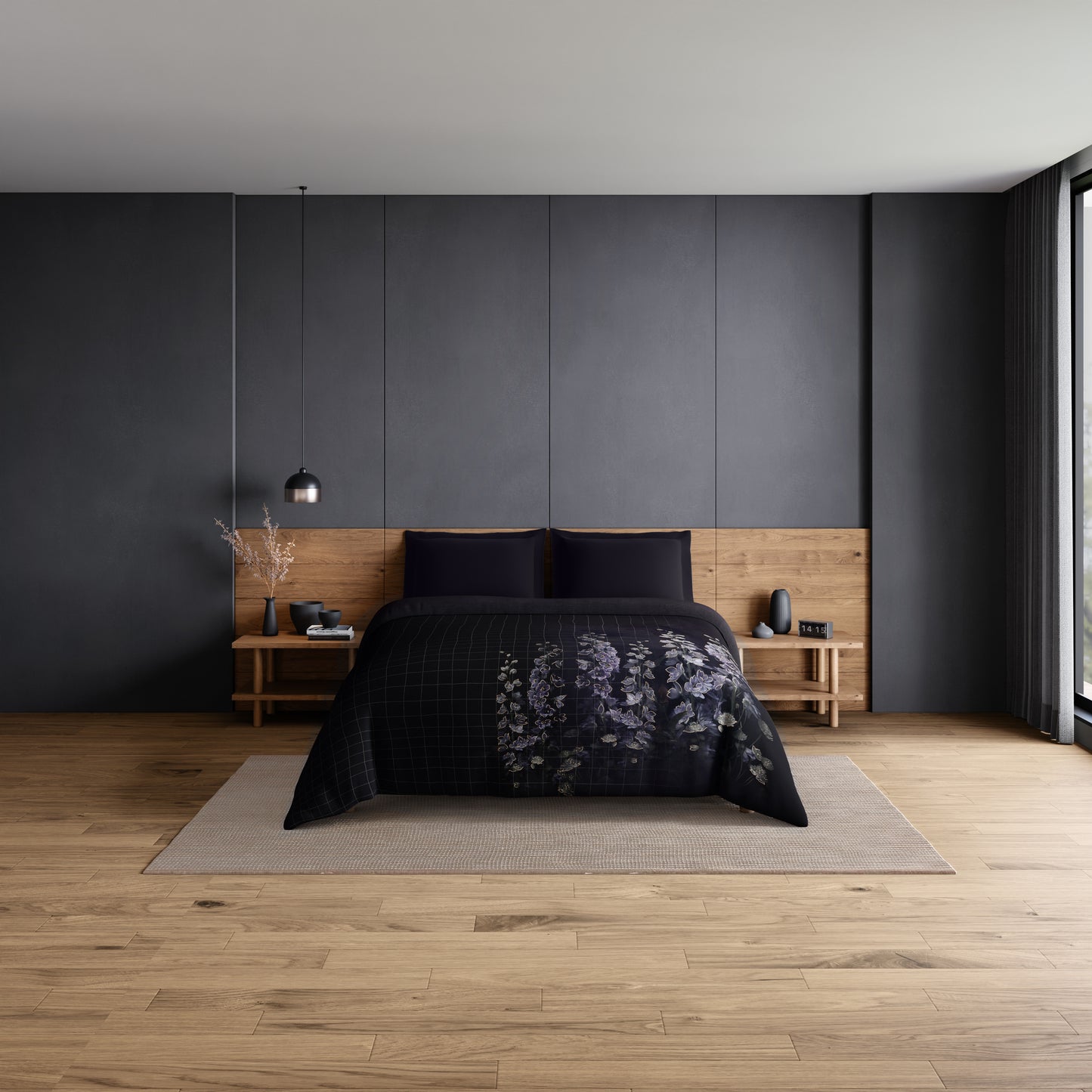 Elegance Noir 100% Cotton Double Quilt, 210TC, Floral, Dark Grey