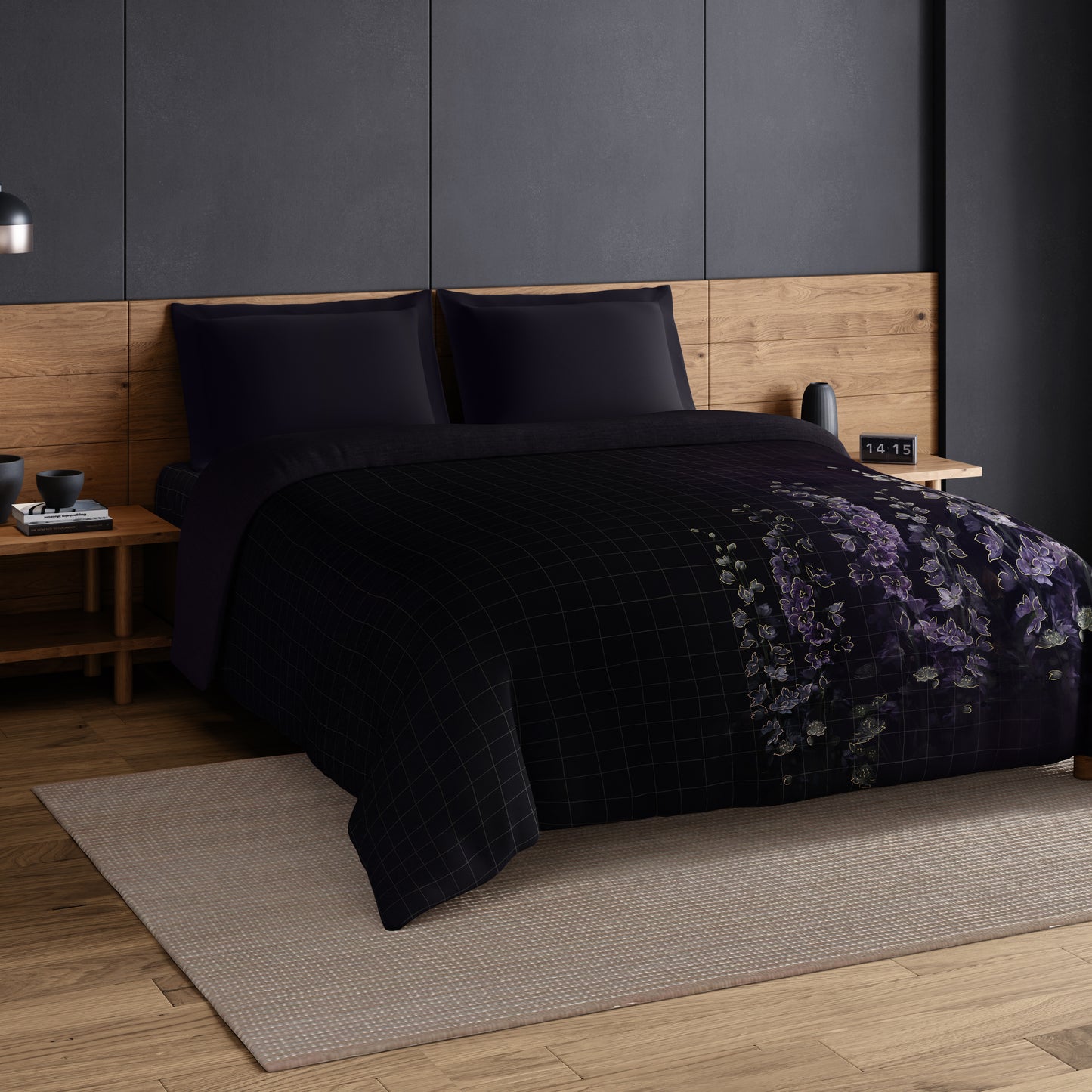 Elegance Noir 100% Cotton Double Quilt, 210TC, Floral, Dark Grey