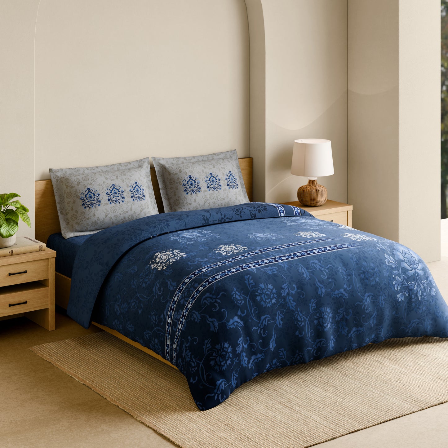 Shubha 100% Cotton Large Bedsheet, 300 TC, Floral, Lichen Blue