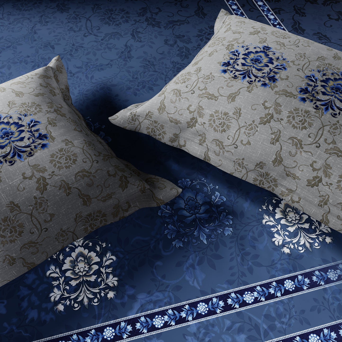 Shubha 100% Cotton Large Bedsheet, 300 TC, Floral, Lichen Blue