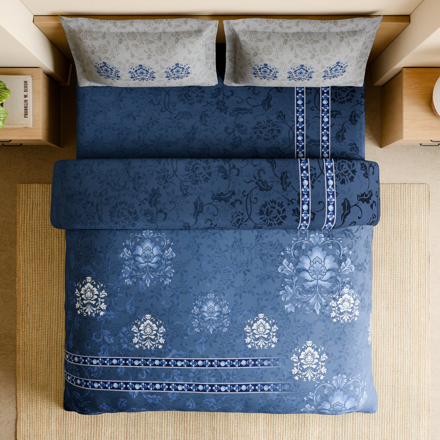 Shubha 100% Cotton Large Bedsheet, 300 TC, Floral, Lichen Blue