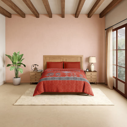 Rangana Digital 100% Cotton Double Quilt, 300 TC, Ornate, Coral