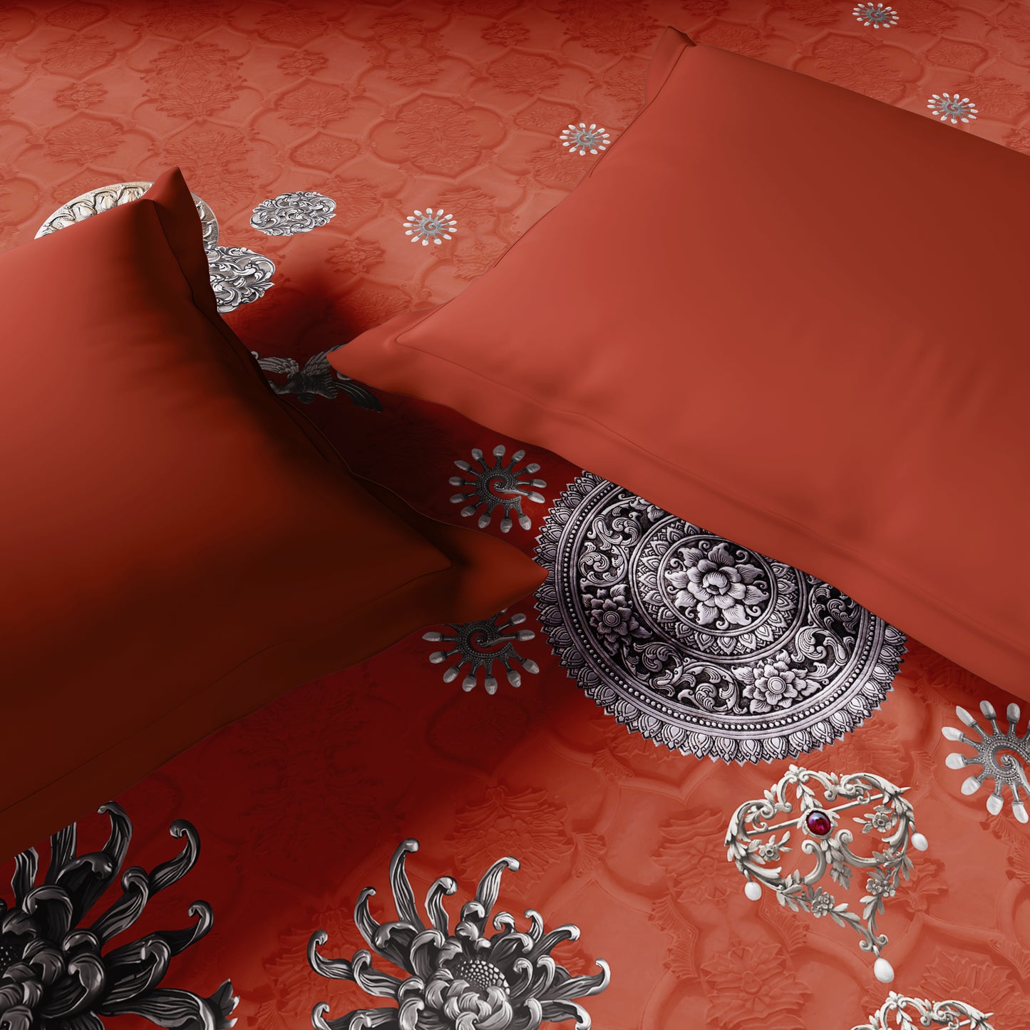 Rangana Digital 100% Cotton Double Quilt, 300 TC, Ornate, Coral
