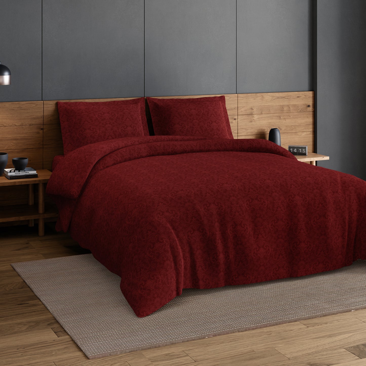 Elegance 100% Cotton Large Bedsheet, 300 TC, Ornate, Dark Red