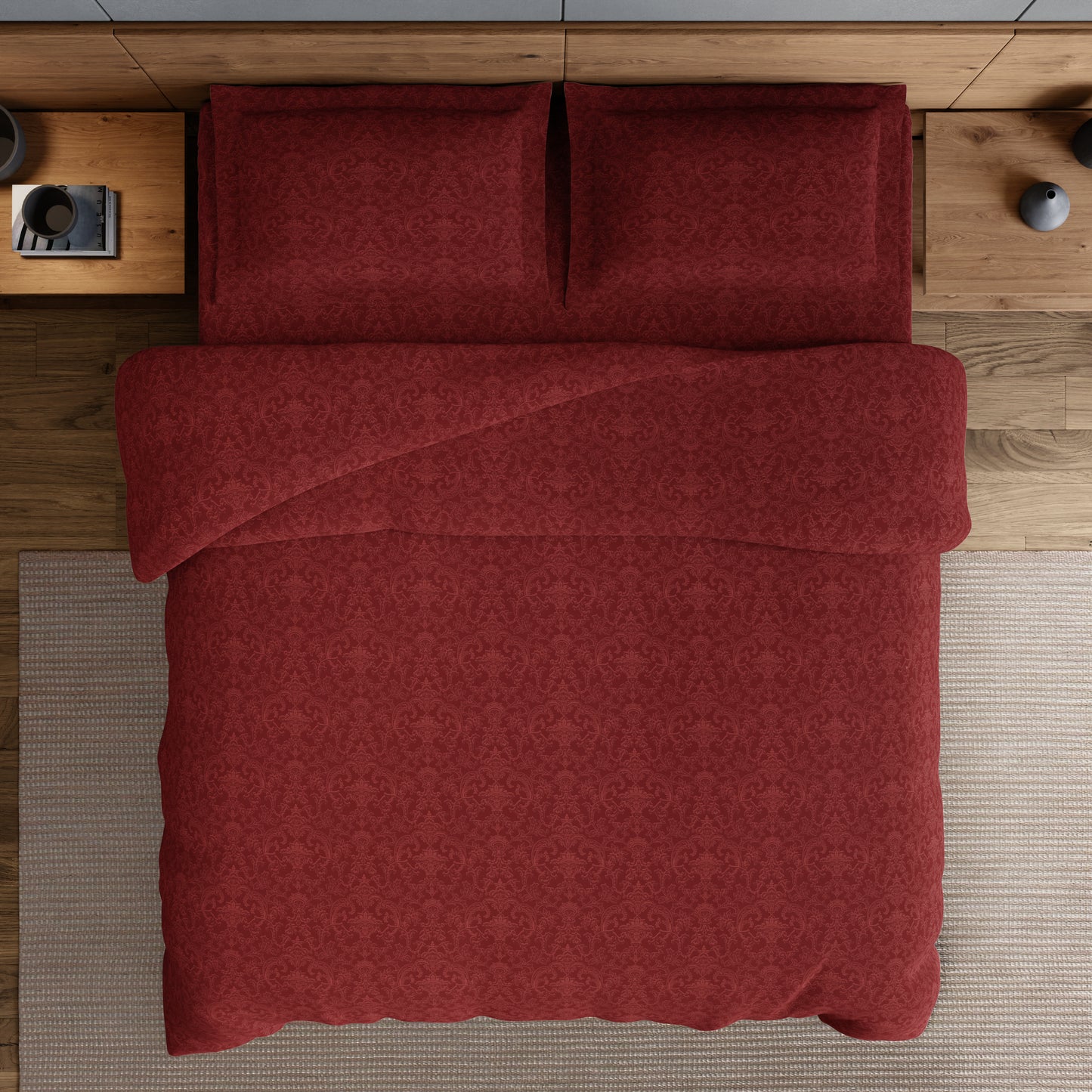 Elegance 100% Cotton Large Bedsheet, 300 TC, Ornate, Dark Red