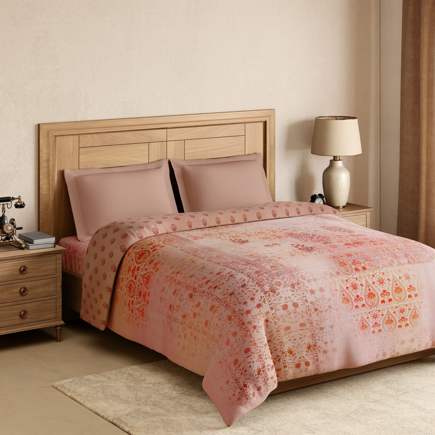 Rangana Digital 100% Cotton Double Quilt, 300 TC, Ornate, Light Pink