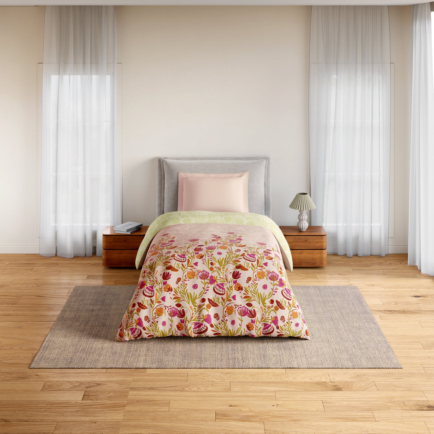 Essentials 100% Cotton Single Quilt, 144 TC, Floral, Blush