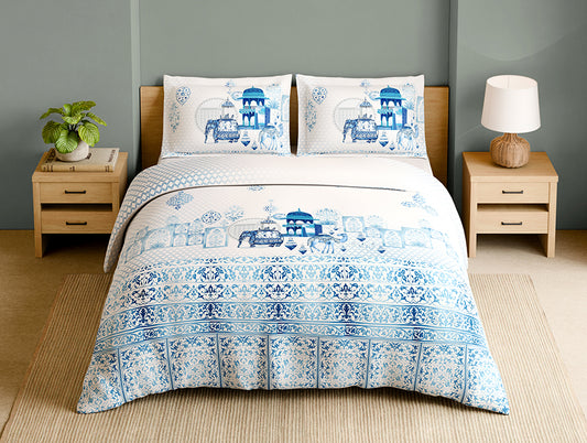 Shubha 100% Cotton Large Bedsheet, 300 TC, Ornate, Airy Blue