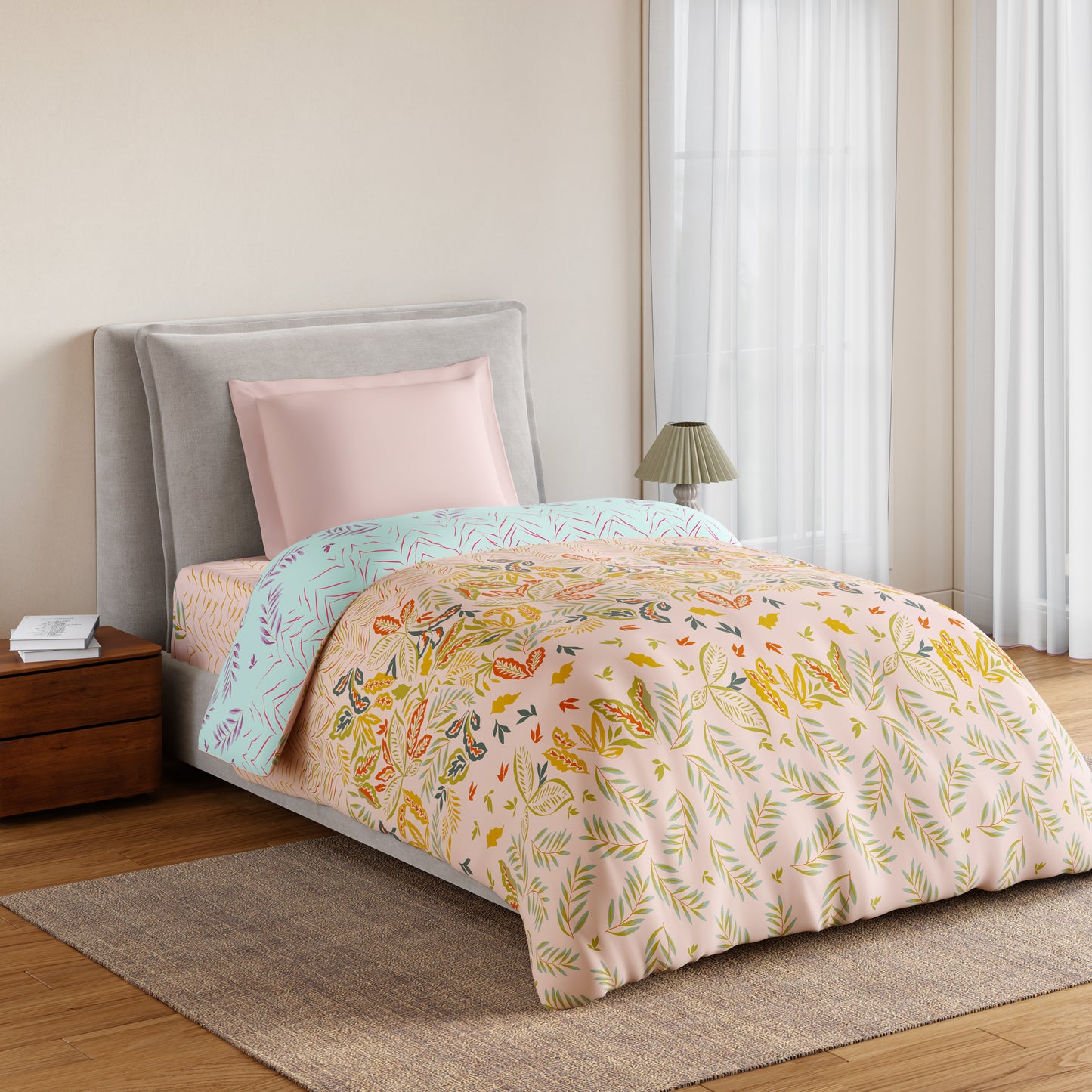 Essentials 100% Cotton Single Quilt, 144 TC, Floral, Light Blush