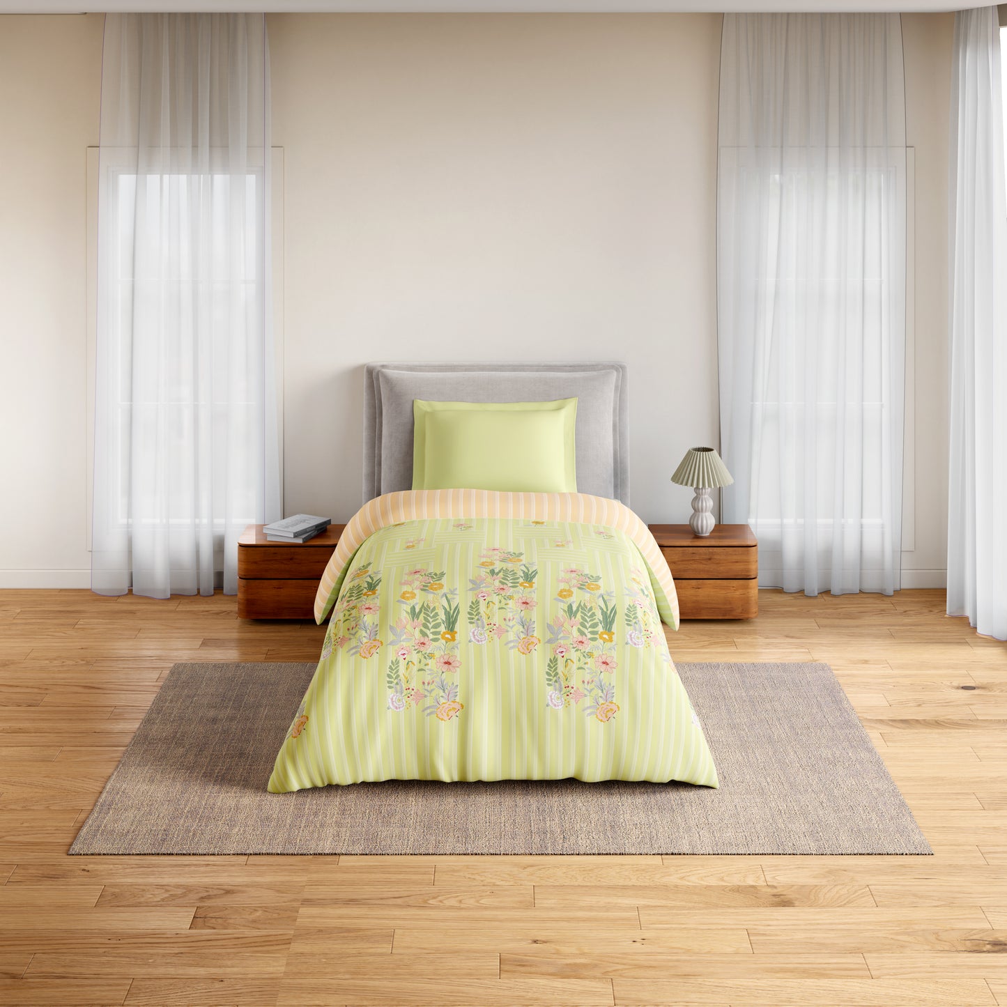 Essentials 100% Cotton Single Quilt, 144 TC, Floral, Light Green