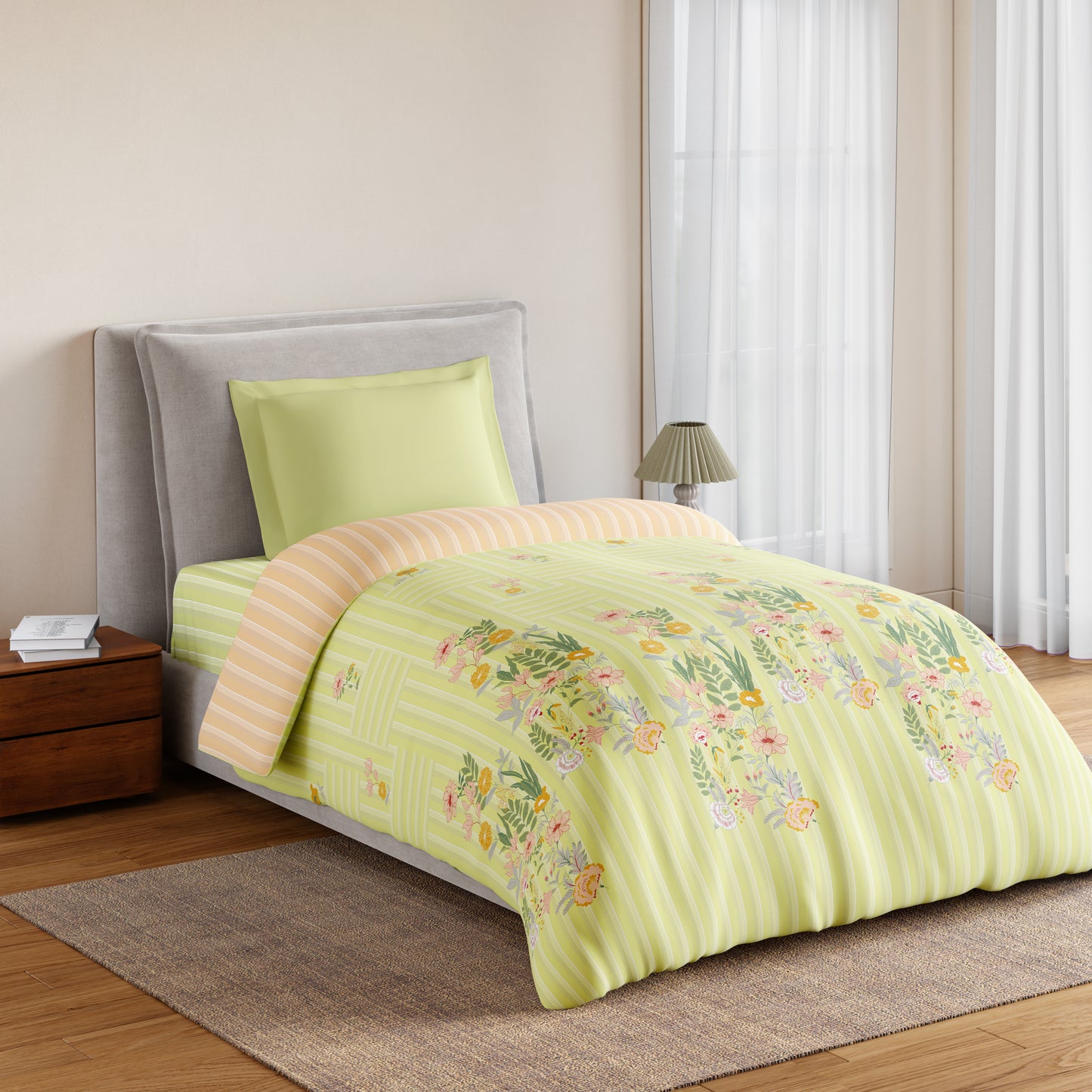 Essentials 100% Cotton Single Quilt, 144 TC, Floral, Light Green