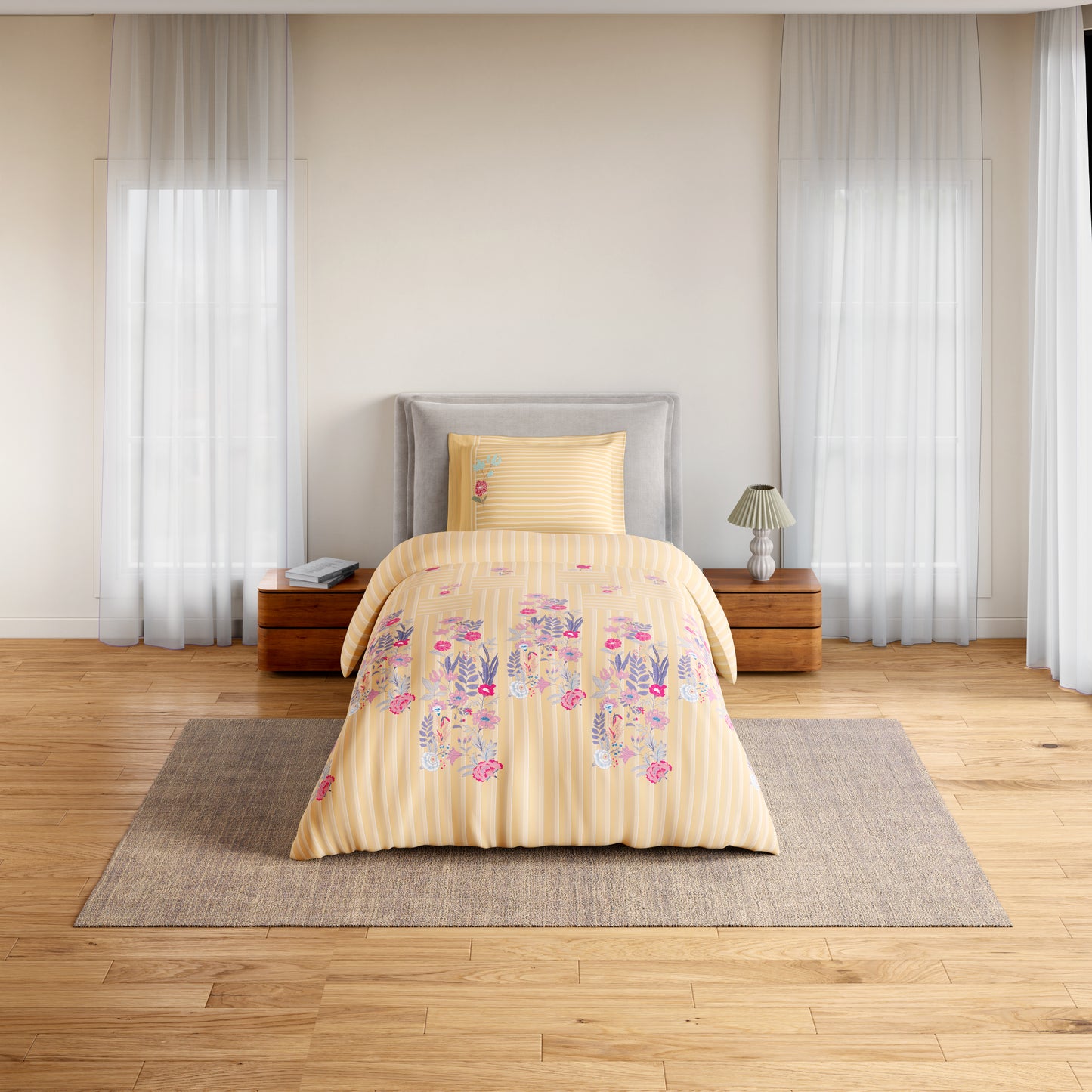 Essentials 100% Cotton Single Bedsheet, 144 TC, Floral, Beige