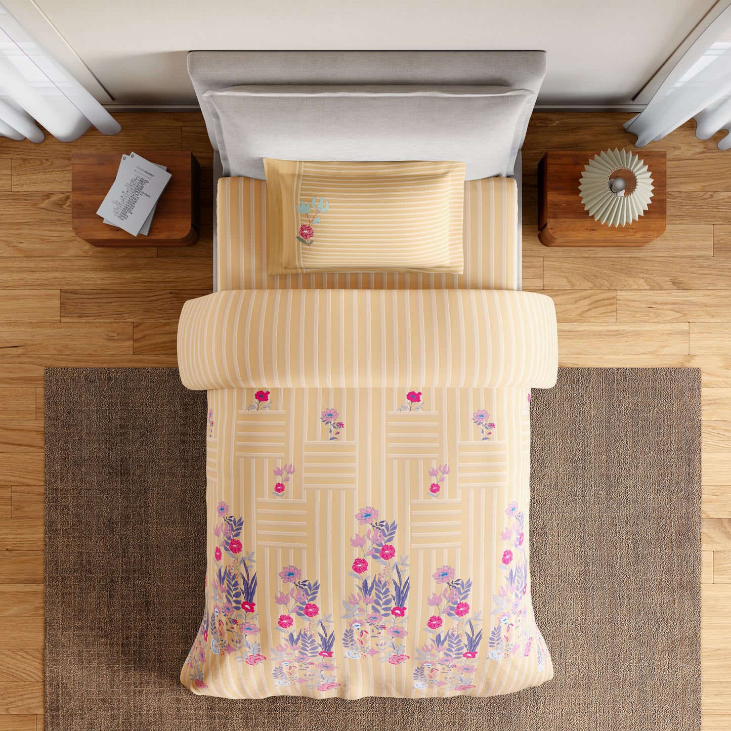 Essentials 100% Cotton Single Bedsheet, 144 TC, Floral, Beige