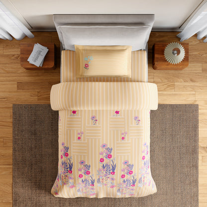 Essentials 100% Cotton Single Bedsheet, 144 TC, Floral, Beige