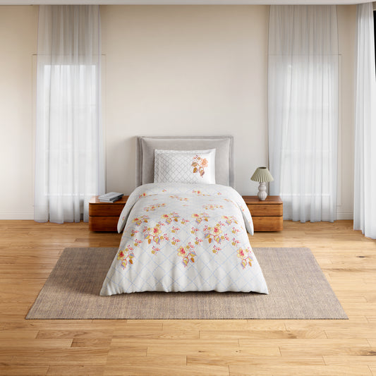 Essentials 100% Cotton Single Bedsheet, 144 TC, Floral, Light Grey