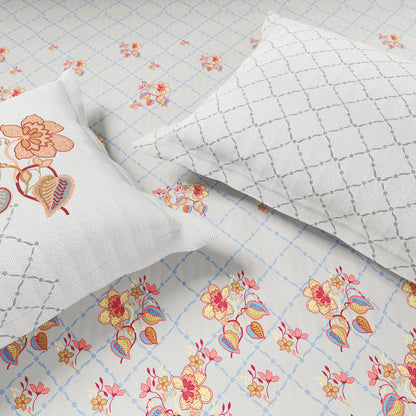 Essentials 100% Cotton Single Bedsheet, 144 TC, Floral, Light Grey