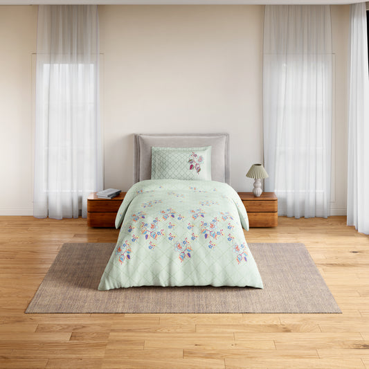 Essentials 100% Cotton Single Bedsheet, 144 TC, Floral, Light Aqua