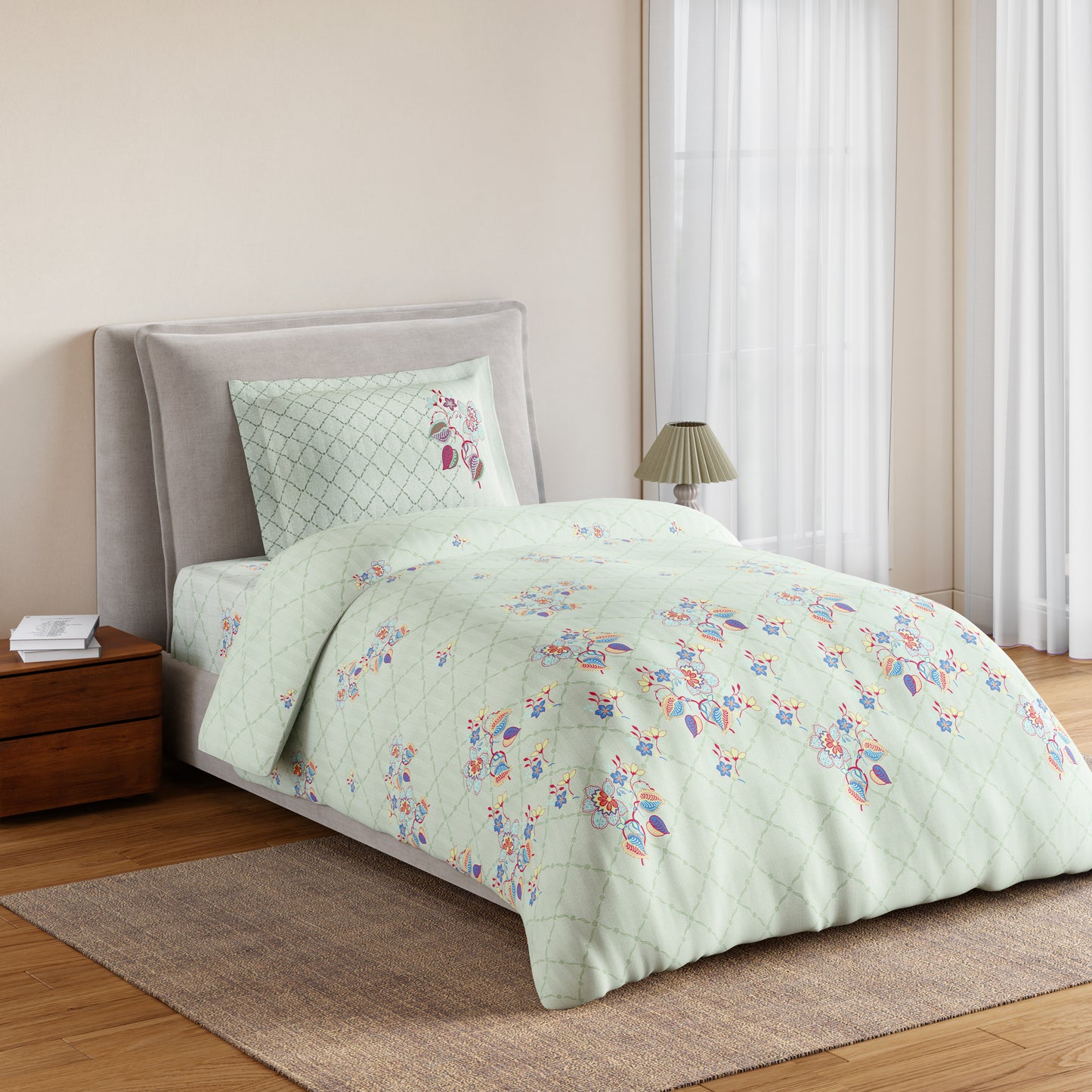 Essentials 100% Cotton Single Bedsheet, 144 TC, Floral, Light Aqua