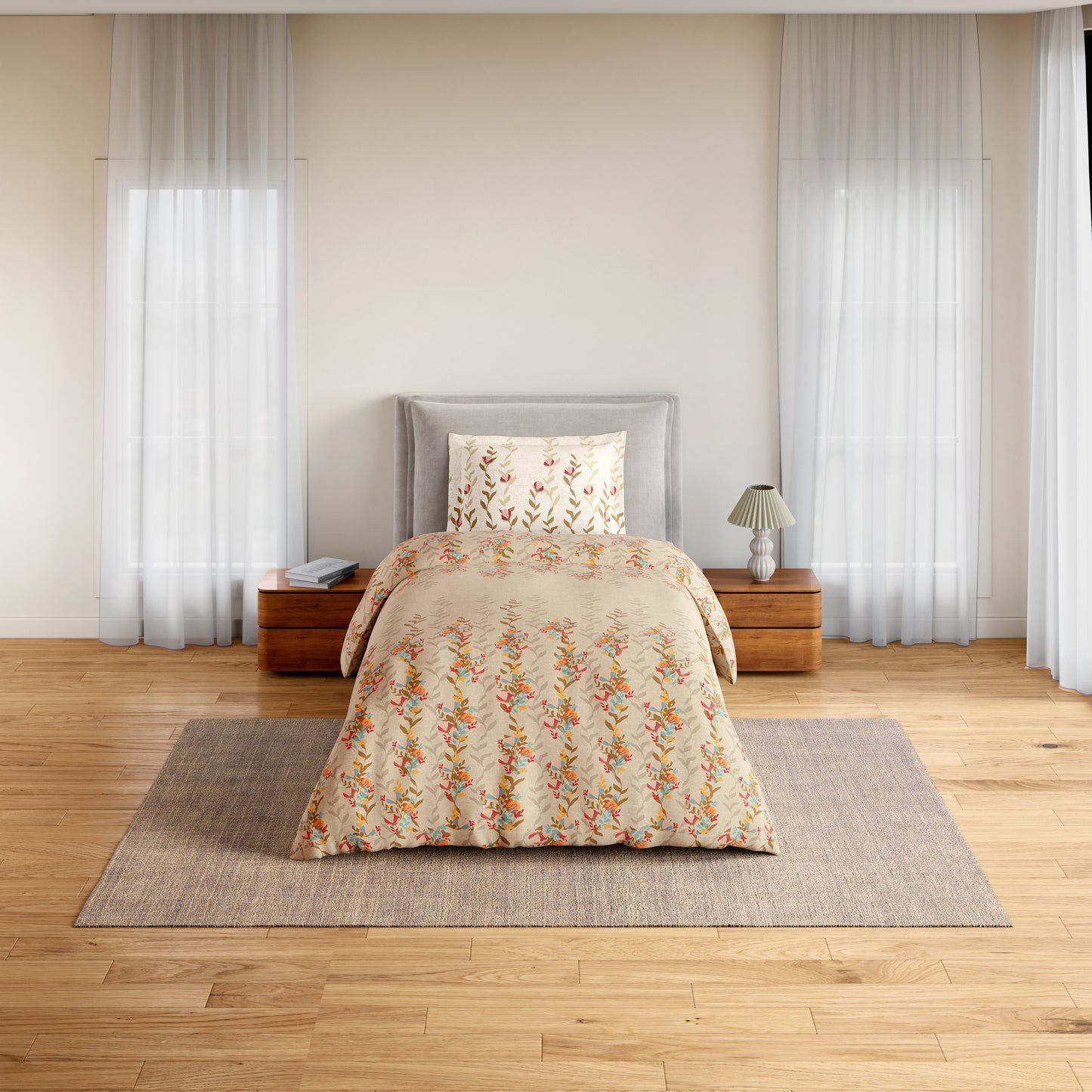 Essentials 100% Cotton Single Bedsheet, 144 TC, Floral, Light Taupe