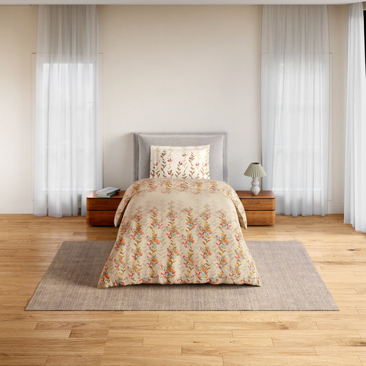 Essentials 100% Cotton Single Bedsheet, 144 TC, Floral, Light Taupe