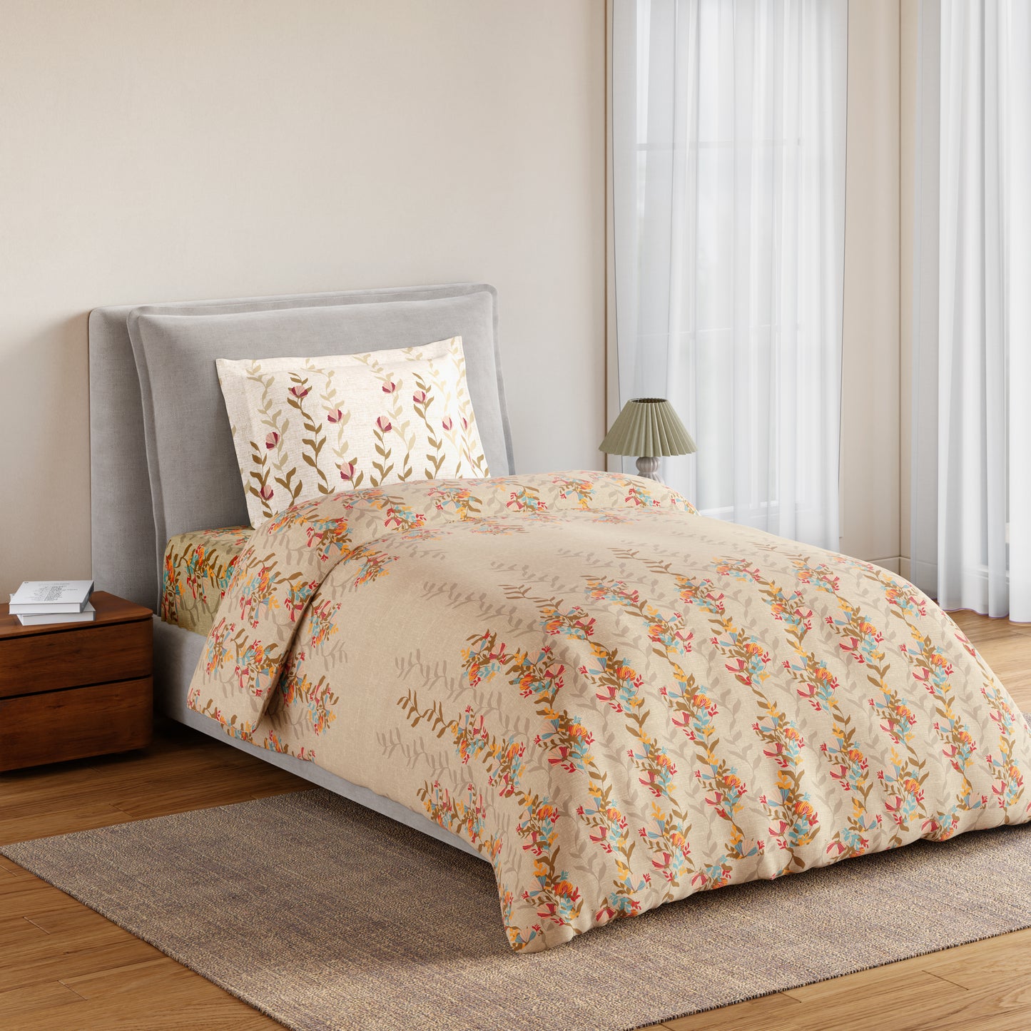 Essentials 100% Cotton Single Bedsheet, 144 TC, Floral, Light Taupe