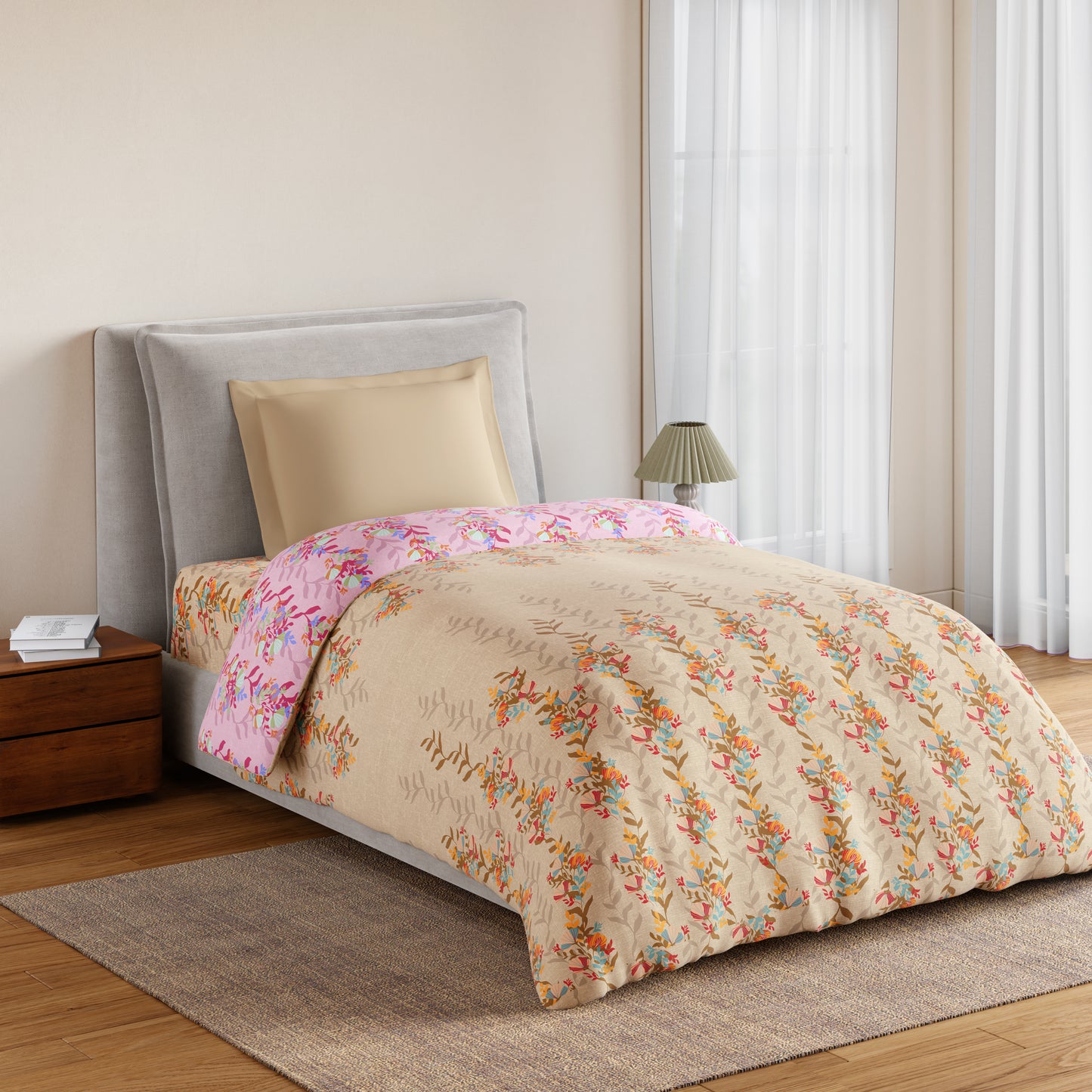 Essentials 100% Cotton Single Quilt, 144 TC, Floral, Light Taupe