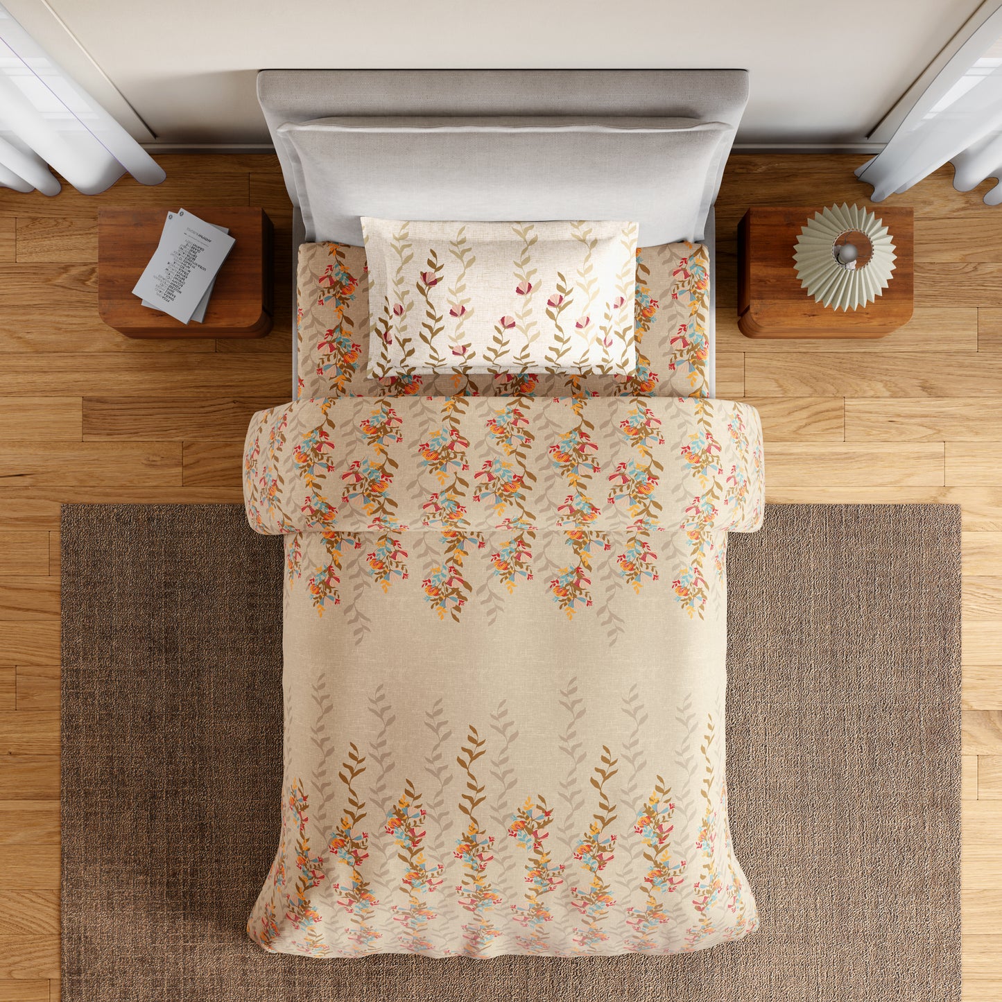 Essentials 100% Cotton Single Bedsheet, 144 TC, Floral, Light Taupe