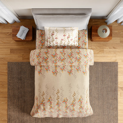 Essentials 100% Cotton Single Bedsheet, 144 TC, Floral, Light Taupe