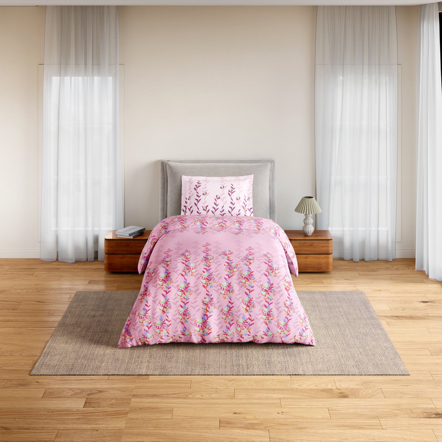 Essentials 100% Cotton Single Bedsheet, 144 TC, Floral, Light Violet