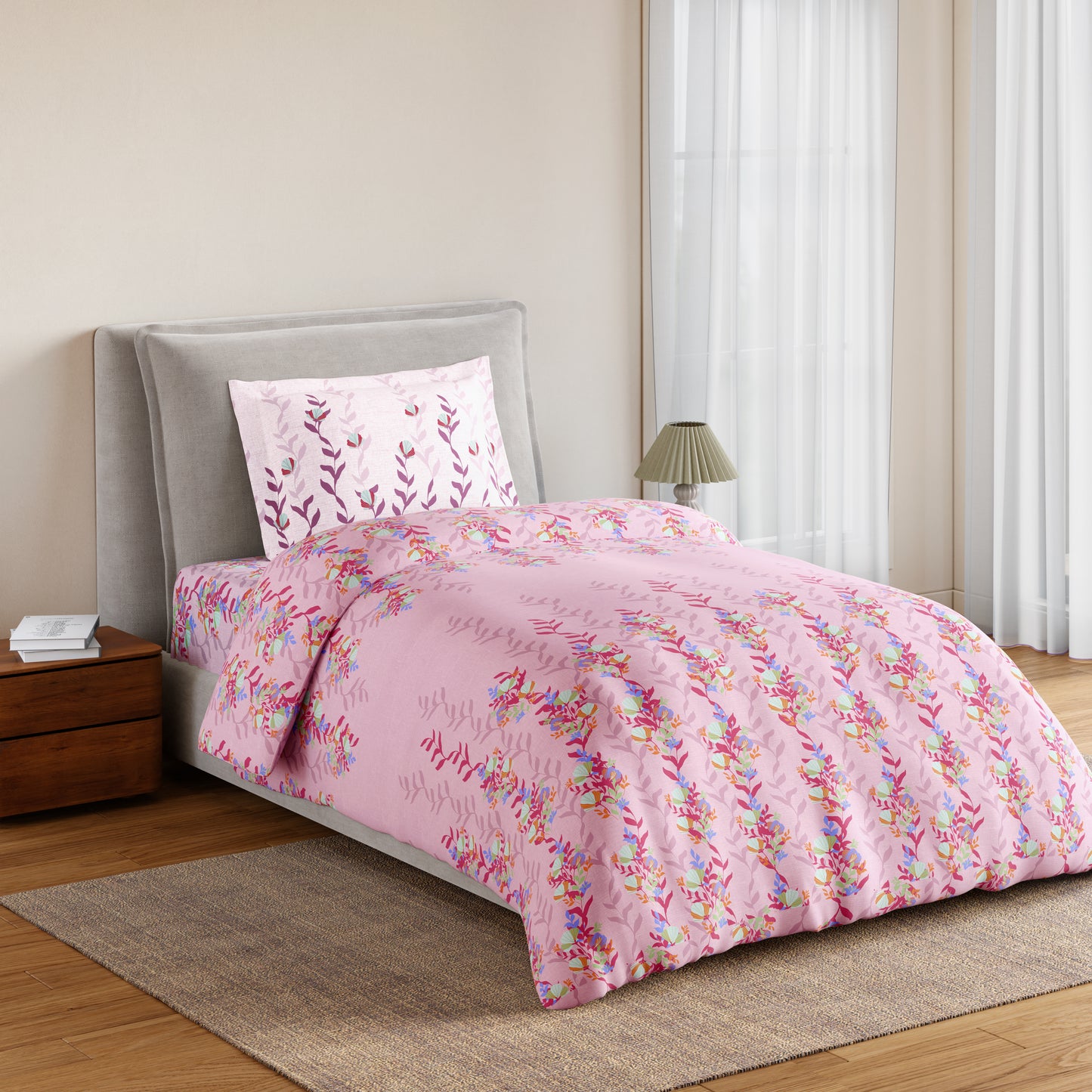 Essentials 100% Cotton Single Bedsheet, 144 TC, Floral, Light Violet