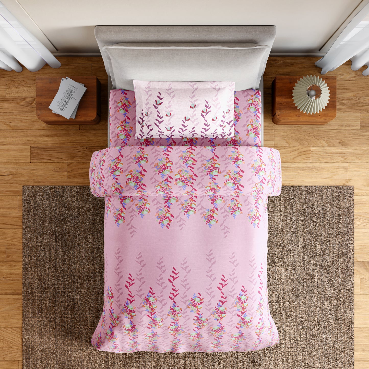 Essentials 100% Cotton Single Bedsheet, 144 TC, Floral, Light Violet