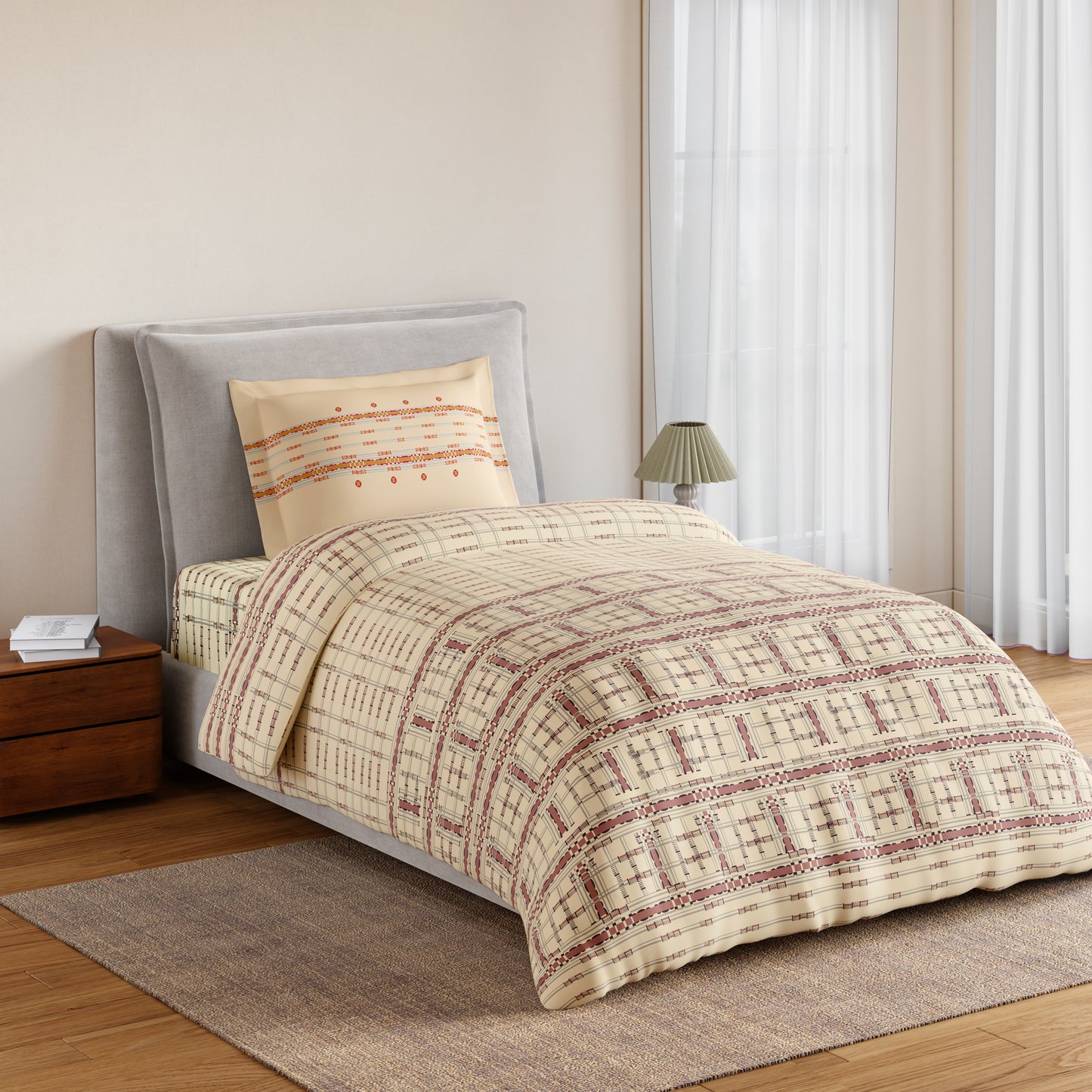 Essentials 100% Cotton Single Bedsheet, 144 TC, Geometric, Beige