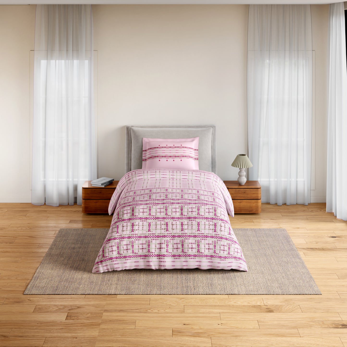 Essentials 100% Cotton Single Bedsheet, 144 TC, Geometric, Light Pink